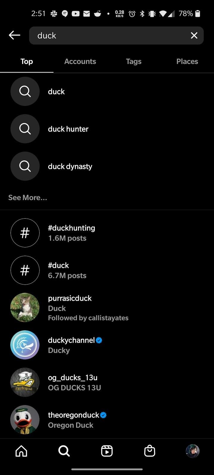 Instagram's search componenet when duck is typed in