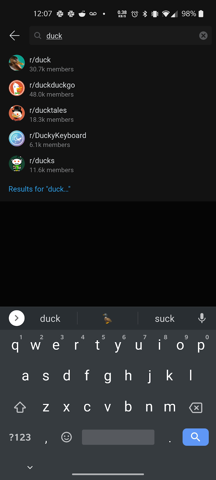 Reddit's search component when duck is typed in!