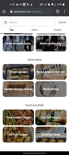 Pinterst's Search component when nothing is typed in (scrolled all the way down)