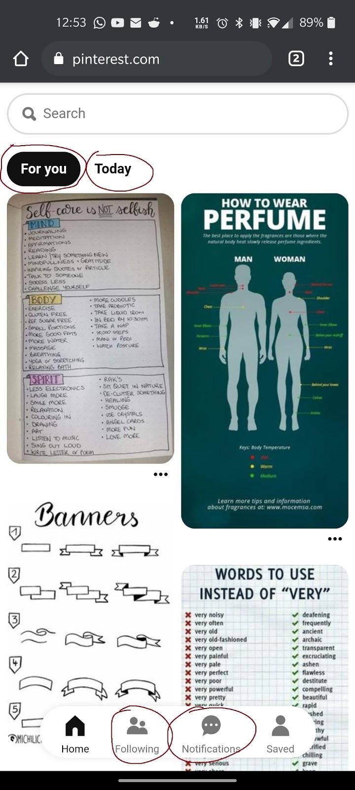 Home screen of Pinterset, showing alternative options for suggestions