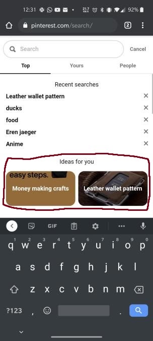 Pinterst'sSearch component showing suggestions