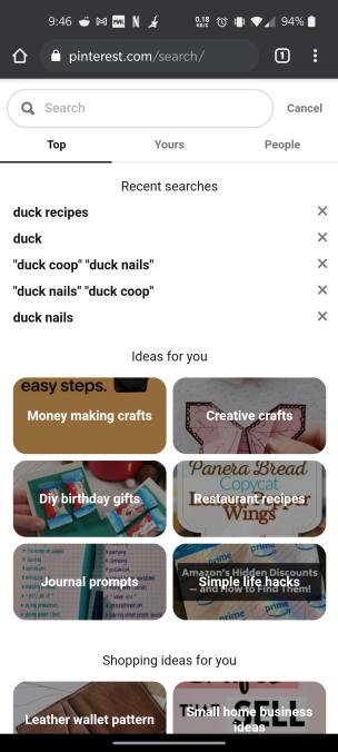 Pinterst's search component when nothing is typed in (scrolled all the way up)
